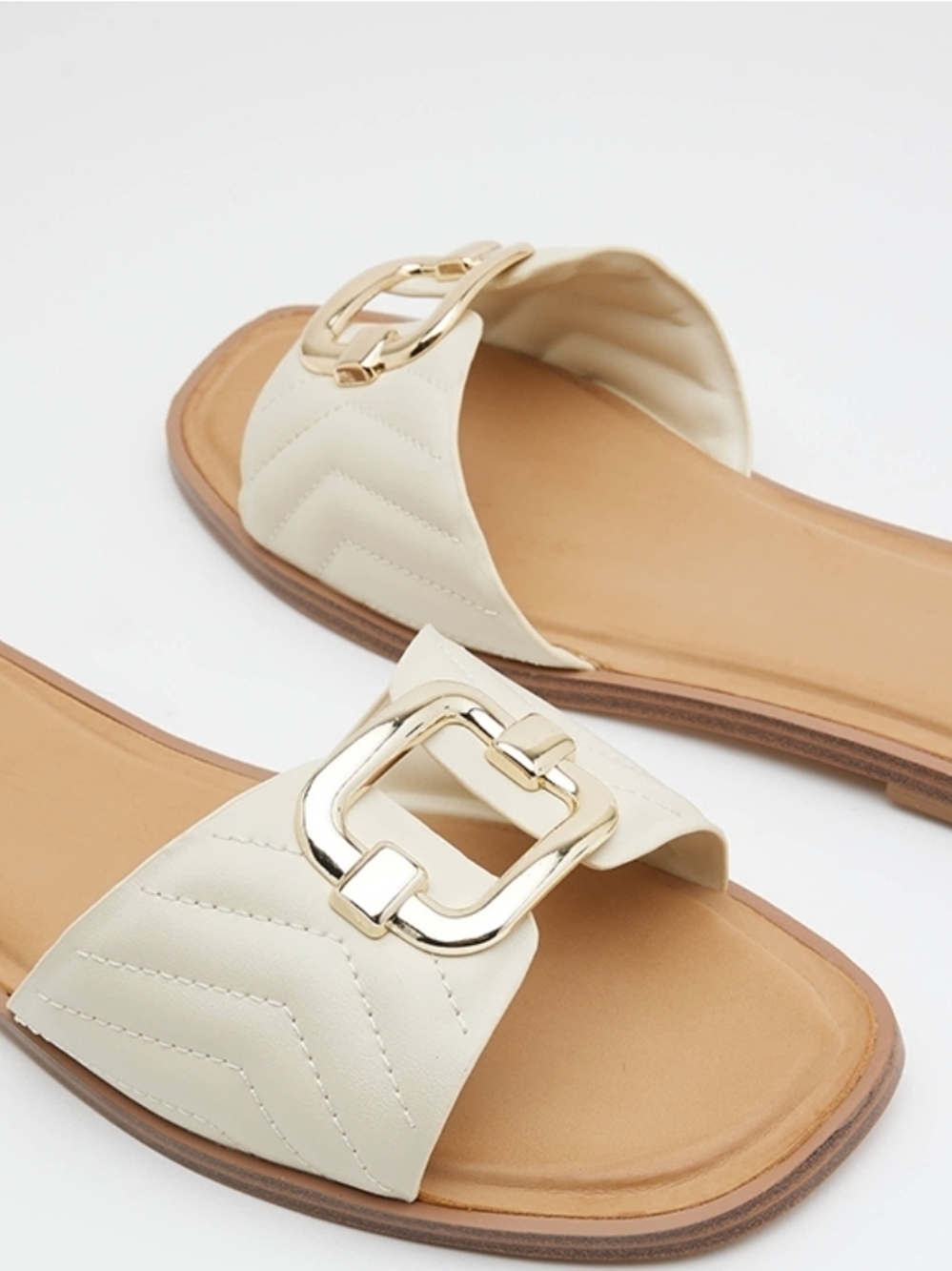 ALDO Cream Quilted Slide Sandals with Gold Buckle